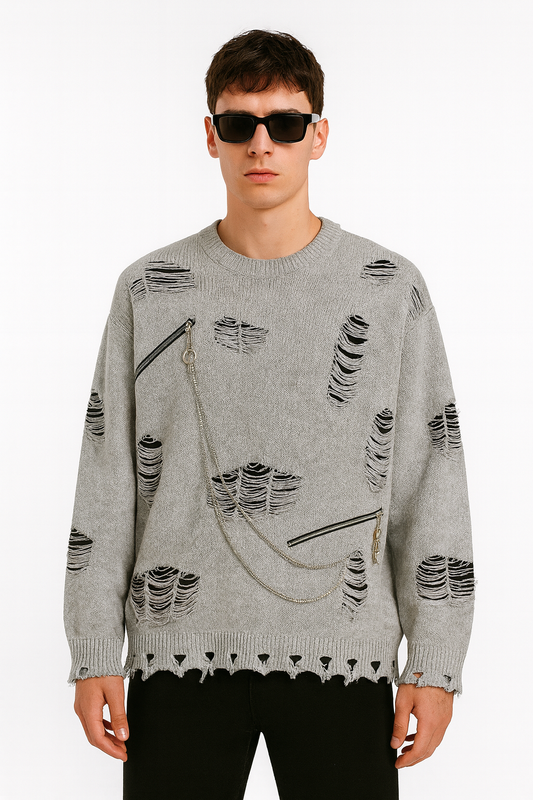 Grey Distressed Chain Detail Knit Jumper