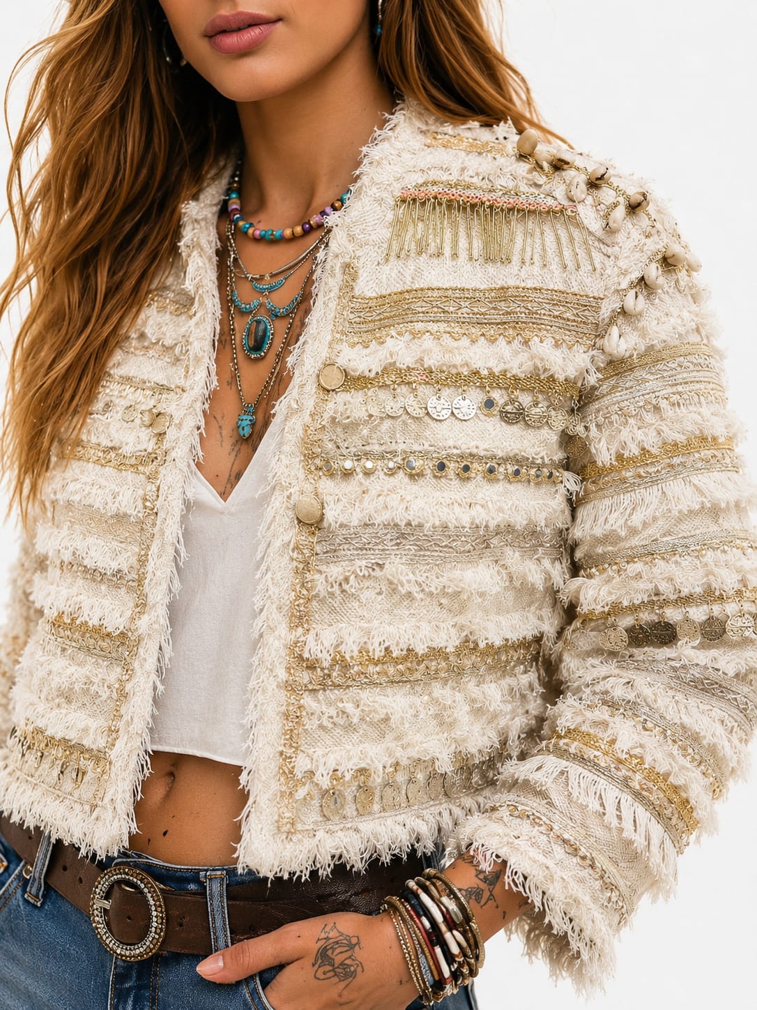 Ivory Fringe Textured Cropped Jacket