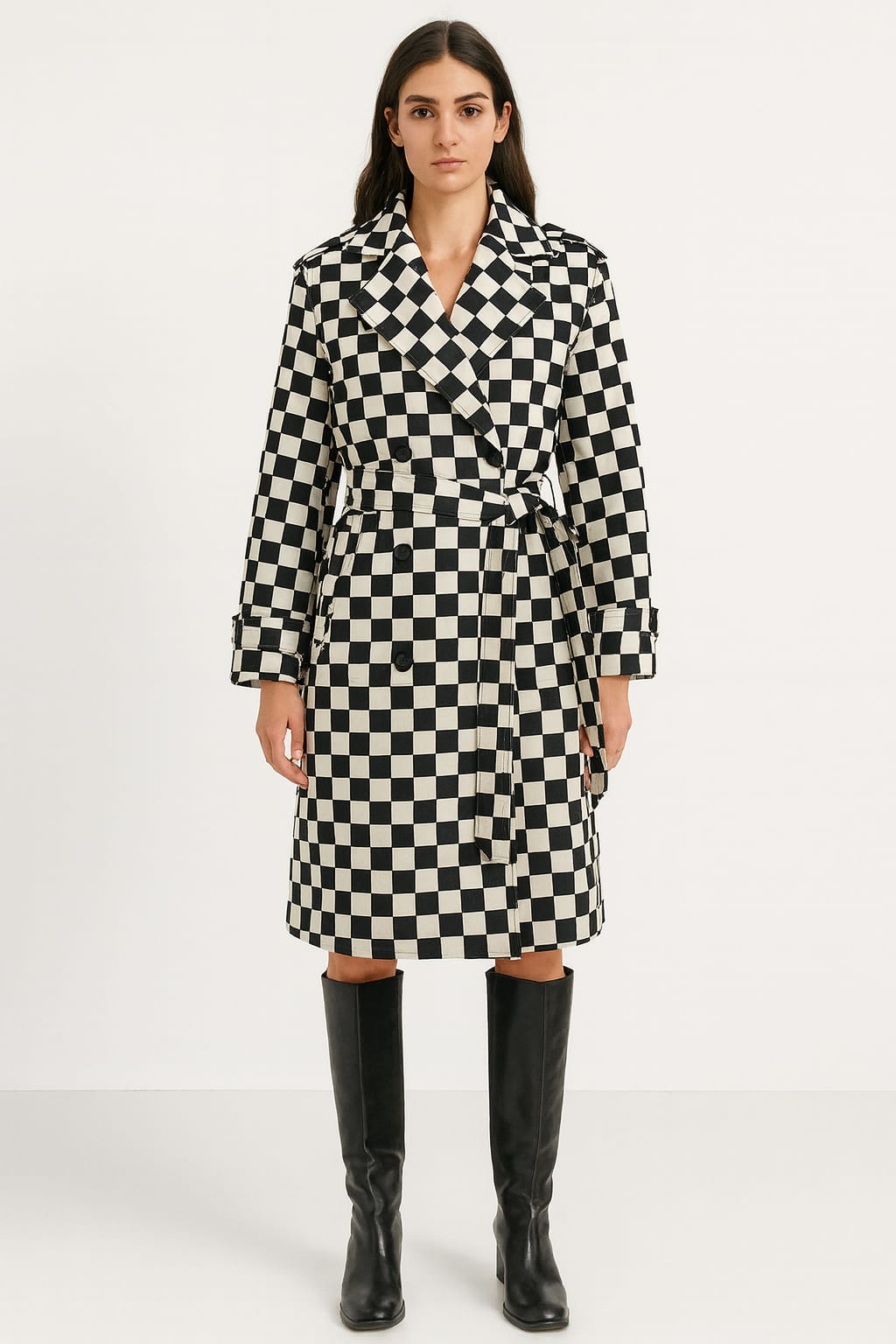 Black white checked trench