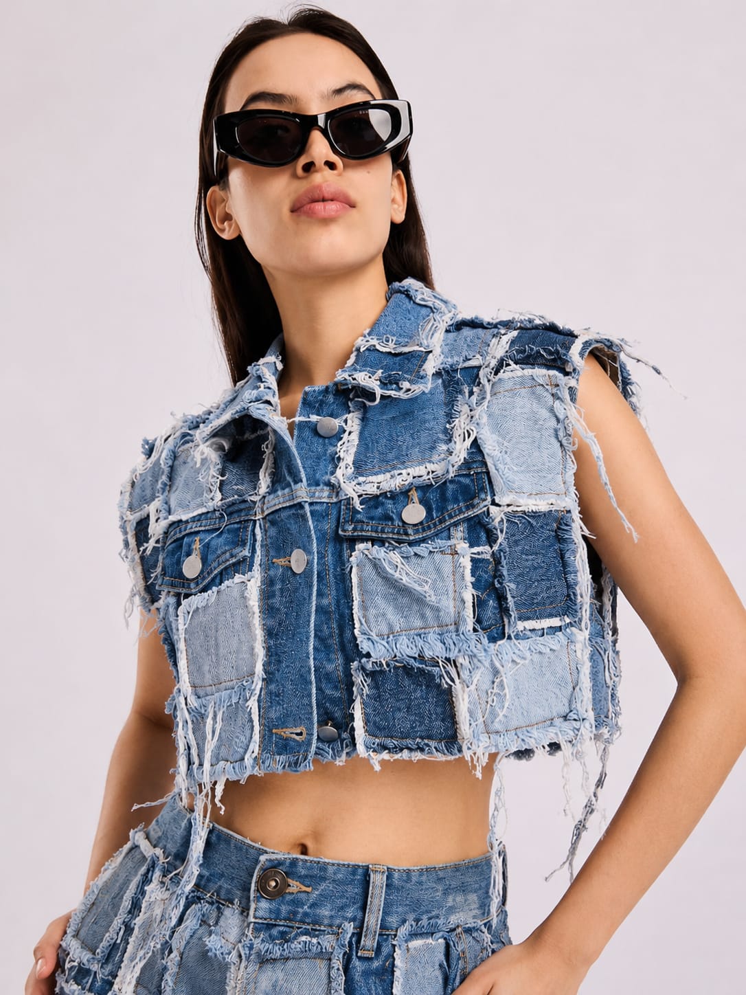 Denim patched sleeveless jacket