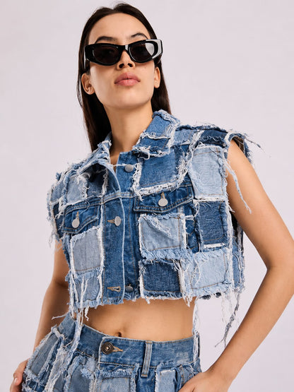 Denim patched sleeveless jacket