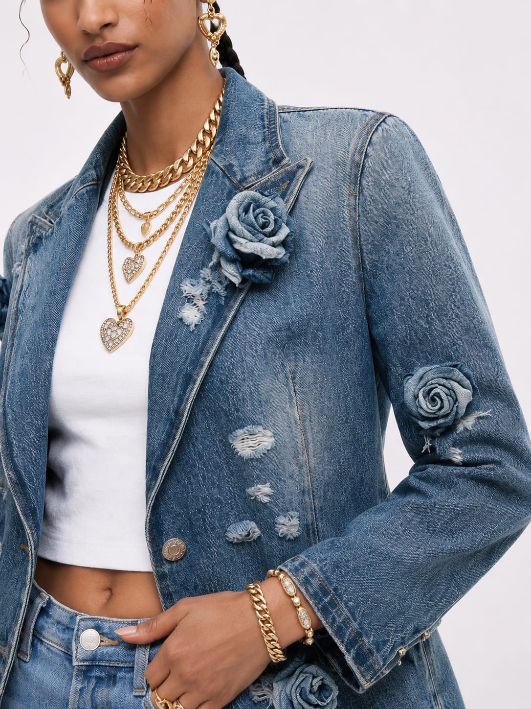 Embellished Floral Denim Blazer