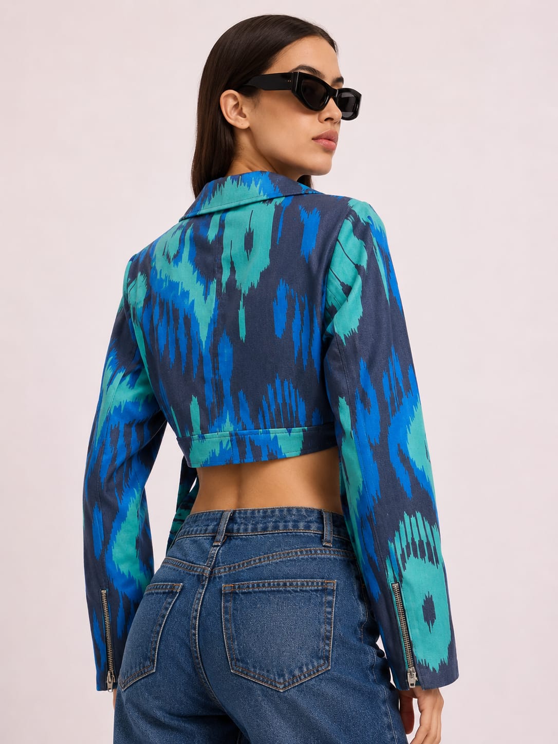 Blue Abstract Print Cropped Jacket
