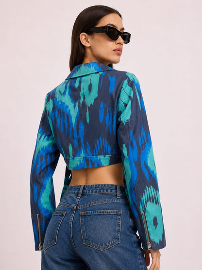 Blue Abstract Print Cropped Jacket