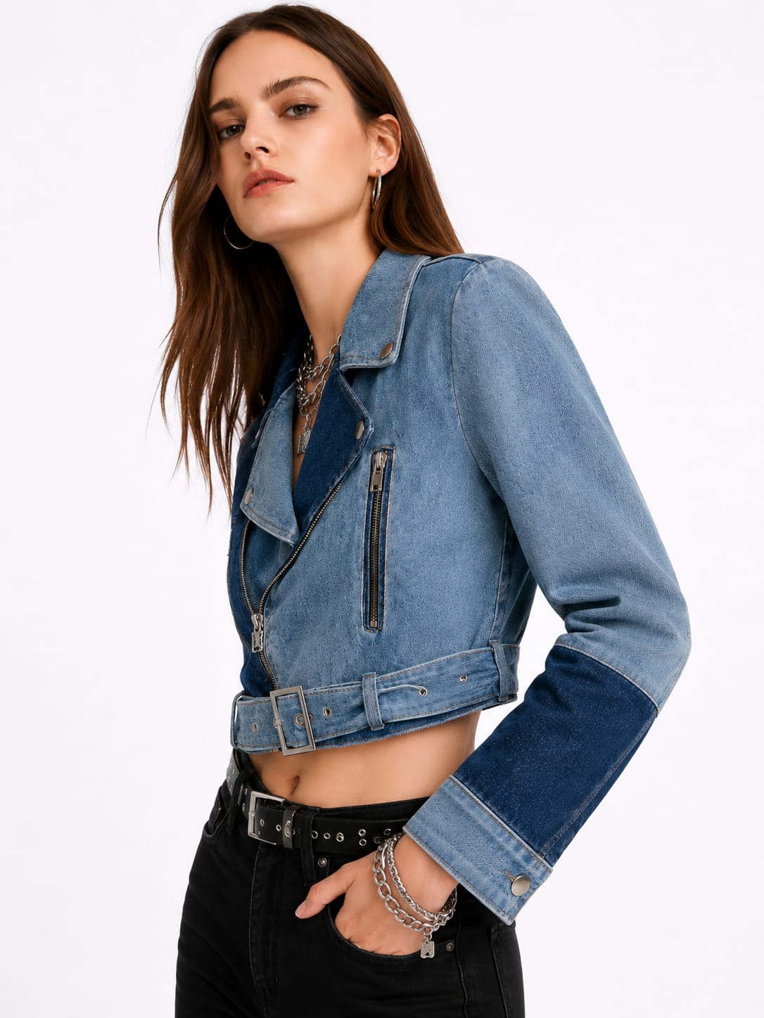 Belted Biker Denim Jacket