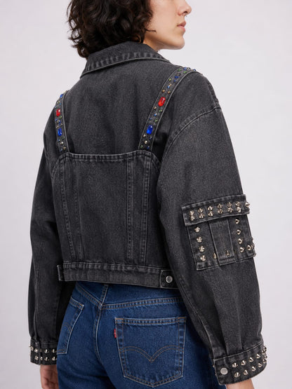 Studded Embellished Black Denim Jacket