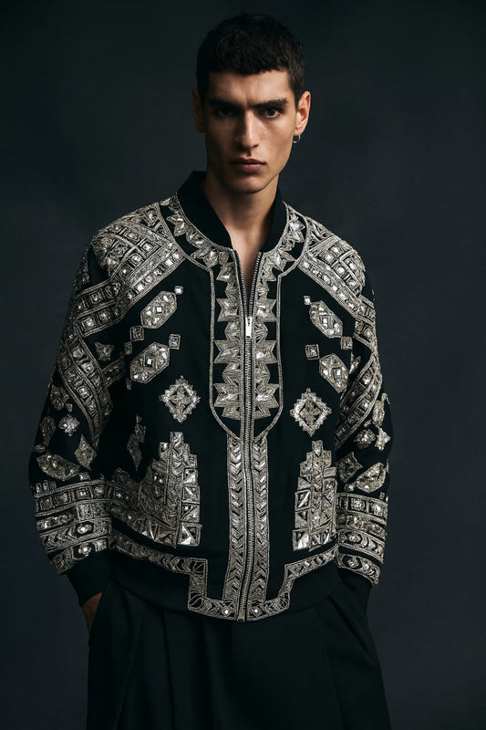 Black Hand-Embroidered Mirrorwork Couture Bomber Jacket