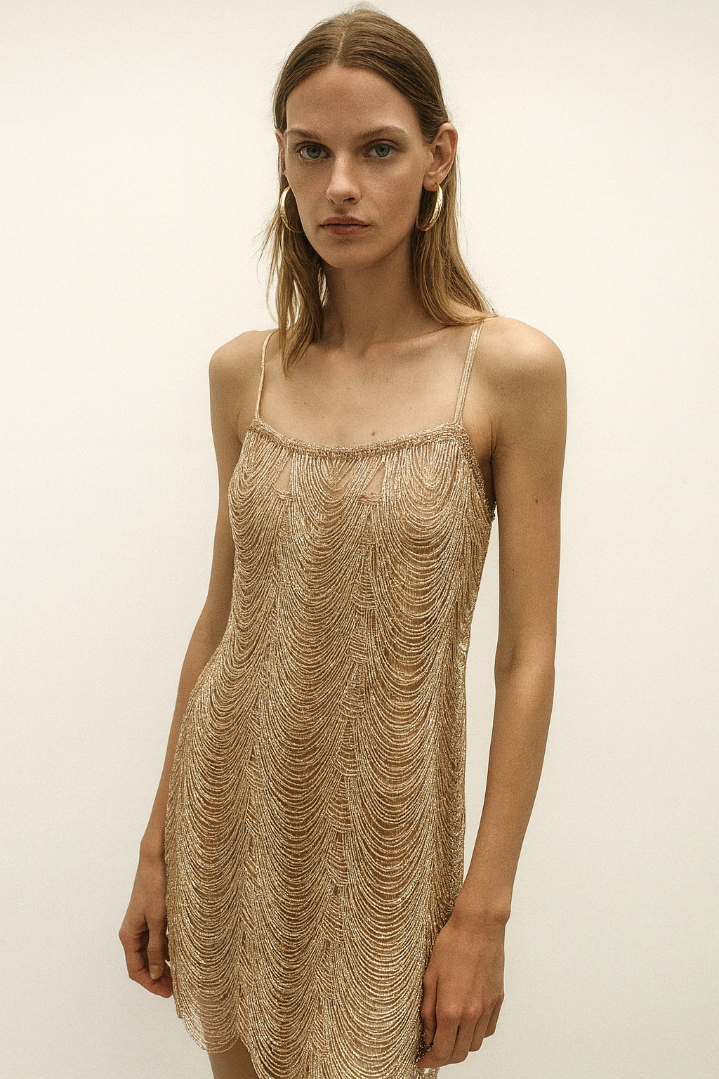 Gold Beaded Fringe Mini Dress