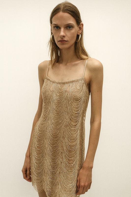 Gold Beaded Fringe Mini Dress