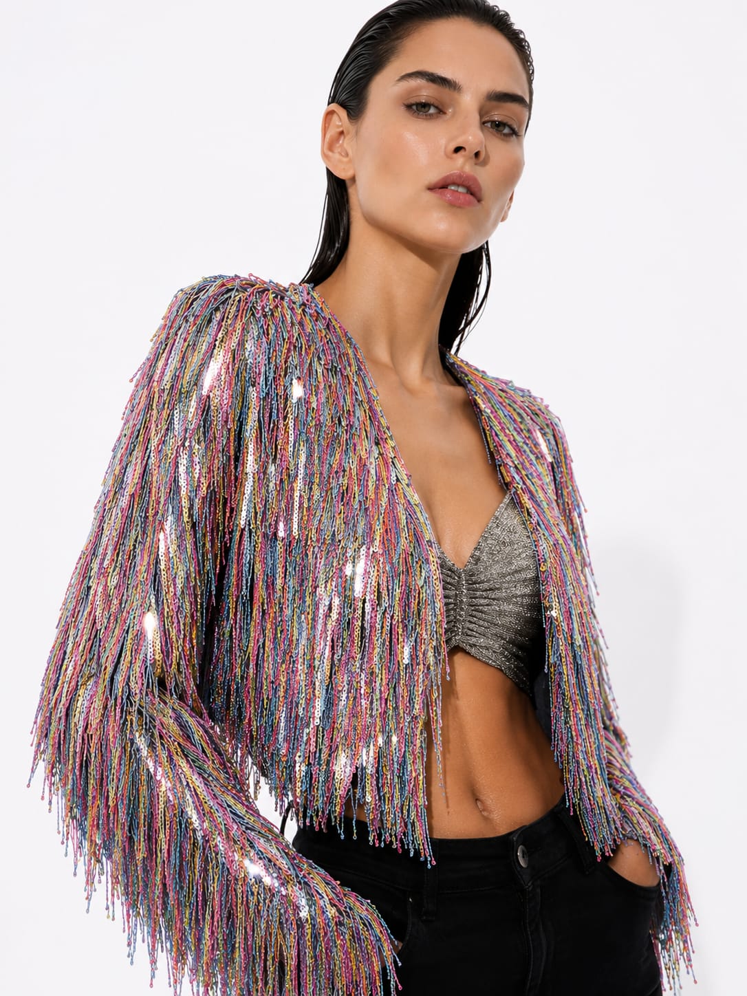 Multicolor shimmer tassel jacket
