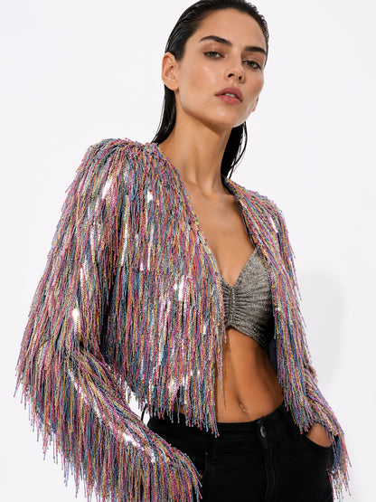 Multicolor shimmer tassel jacket