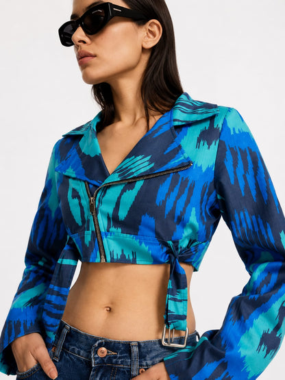 Blue Abstract Print Cropped Jacket
