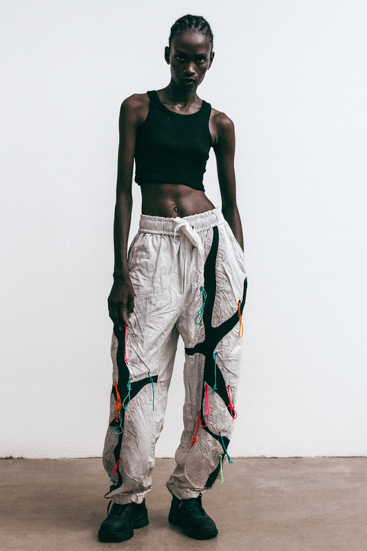 Grey Tech Cargo Pants with Neon Drawstrings