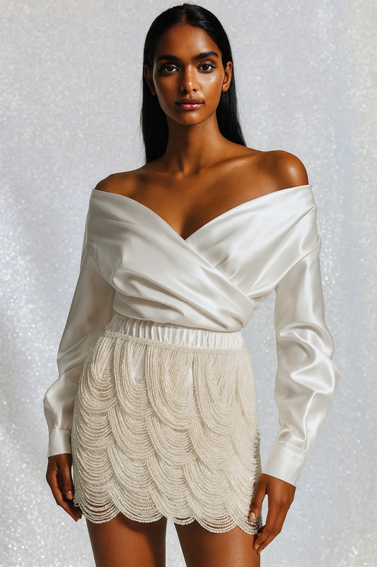 Ivory Scalloped Beaded Mini Skirt