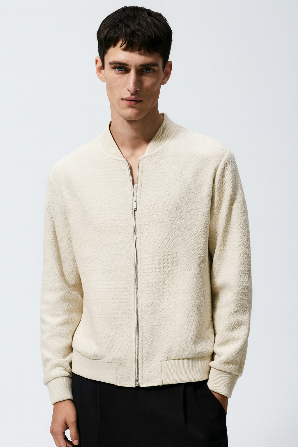 Textured Cream Minimalist Bomber Jacket