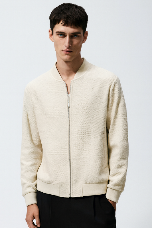 Textured Cream Minimalist Bomber Jacket