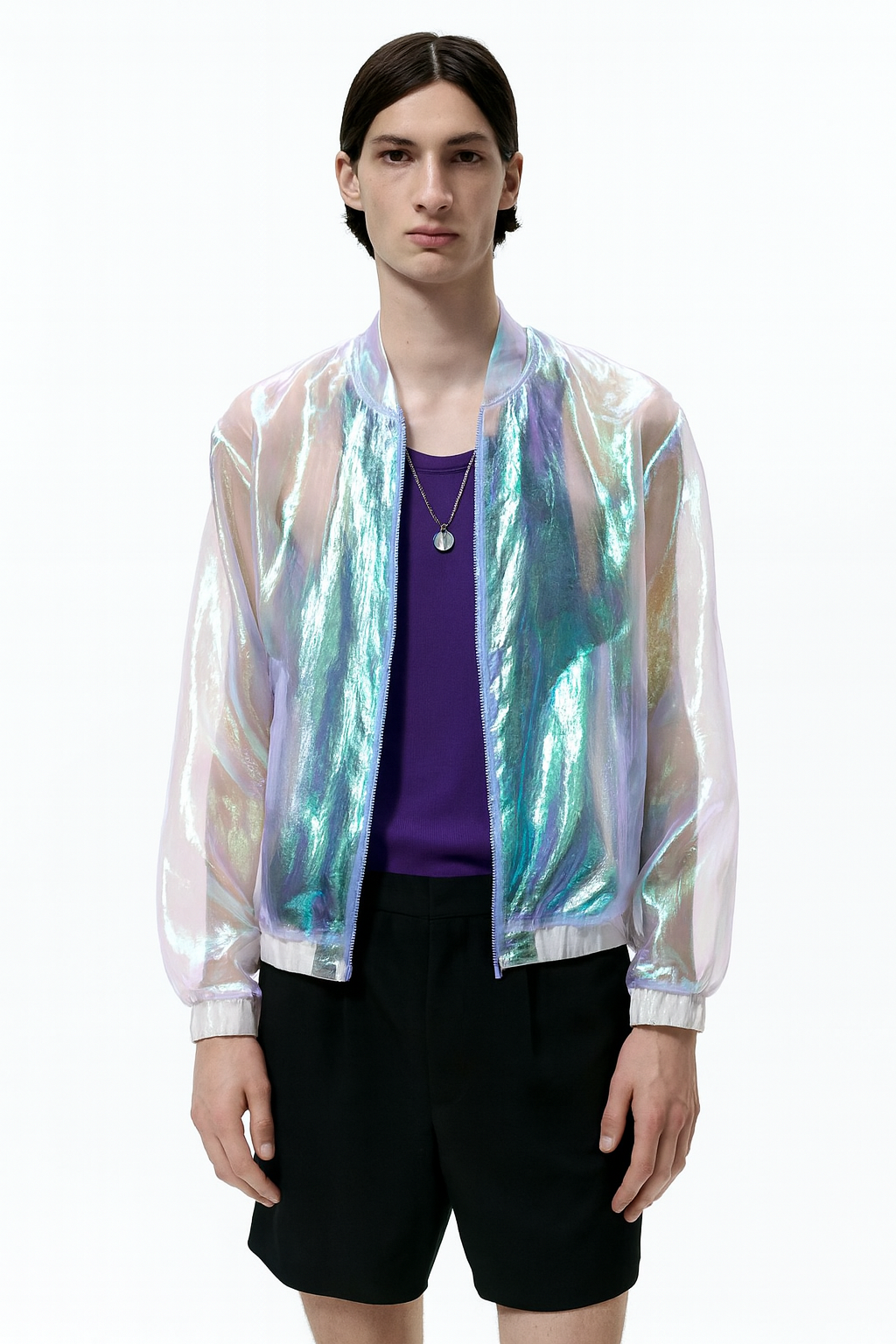 Iridescent Sheer Holographic Bomber Jacket