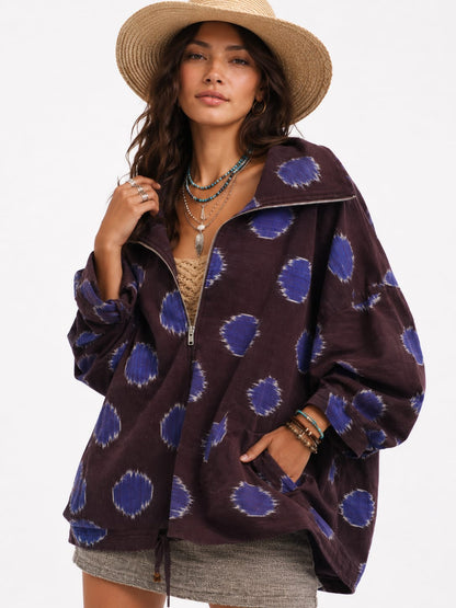Indigo Ikat Print Oversized Zip Jacket