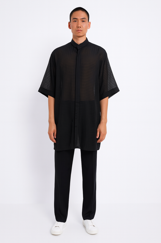 Black Sheer Band Collar Oversized Shirt