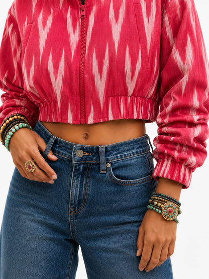Pink Ikat Crop Bomber Jacket