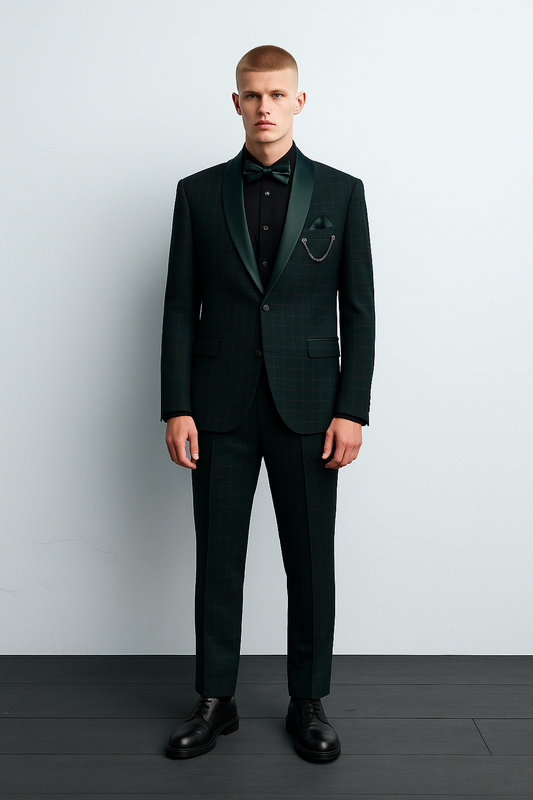 Emerald Green Check Tuxedo with Satin Shawl Lapel