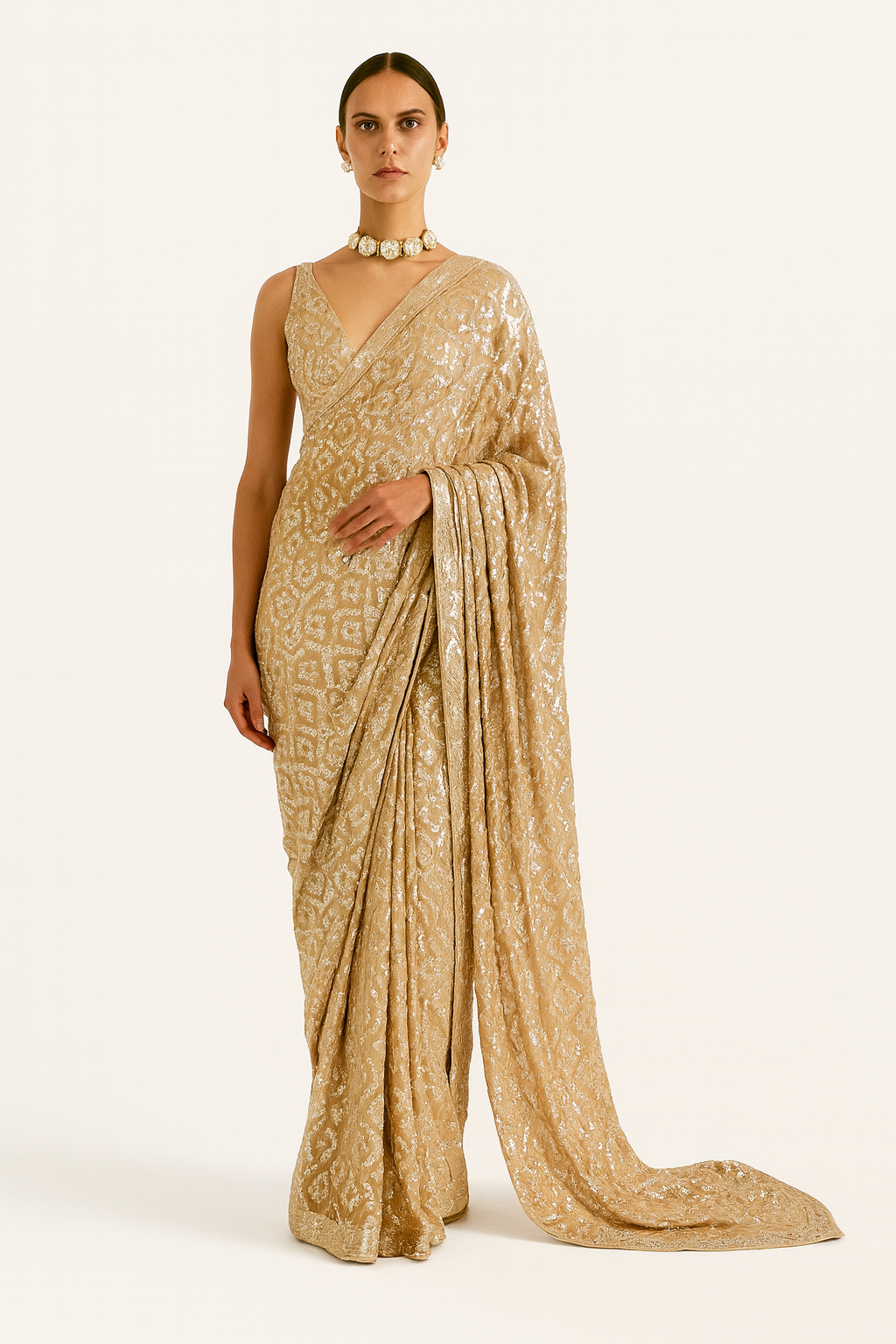 Champagne Sequin Embroidered Saree