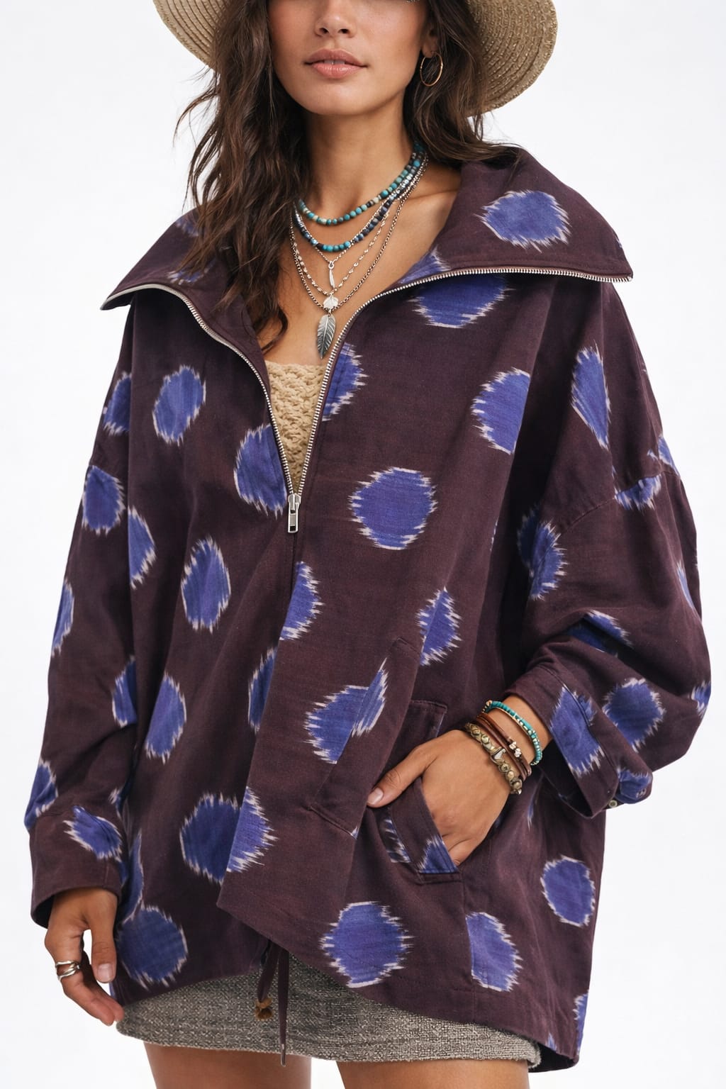 Indigo Ikat Print Oversized Zip Jacket