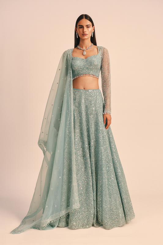 Aqua Blue Sequin Embellished Lehenga Set