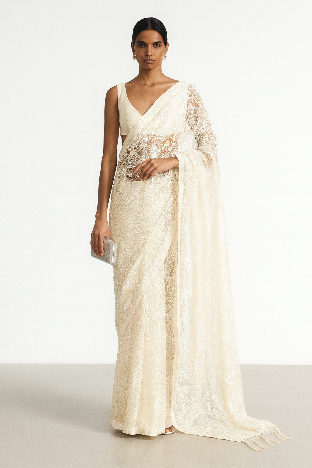 Ivory Embroidered Net Saree