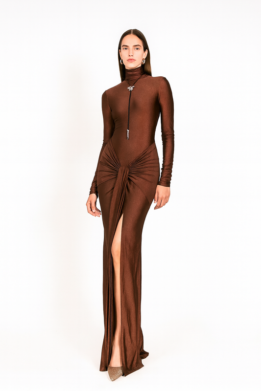 Cocoa Drape High-Slit Gown