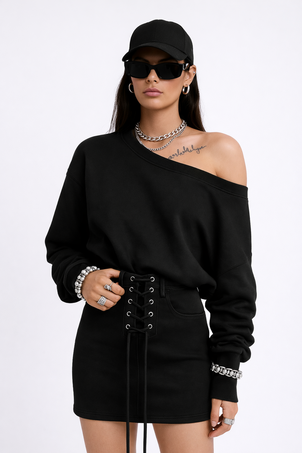 Off-Shoulder Lace-Up Skirt Set