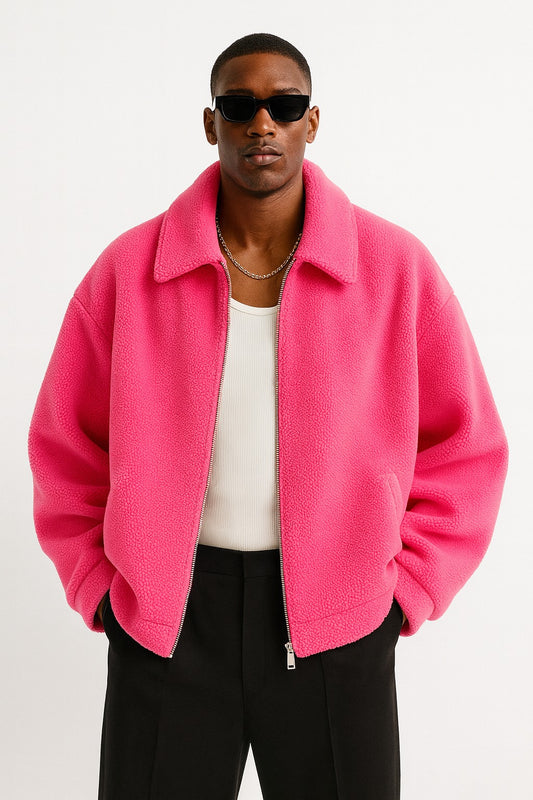 Hot Pink Oversized Fleece Zip Jacket