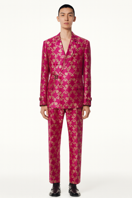 Fuchsia Gold Brocade Double-Breasted Indo-Western Suit
