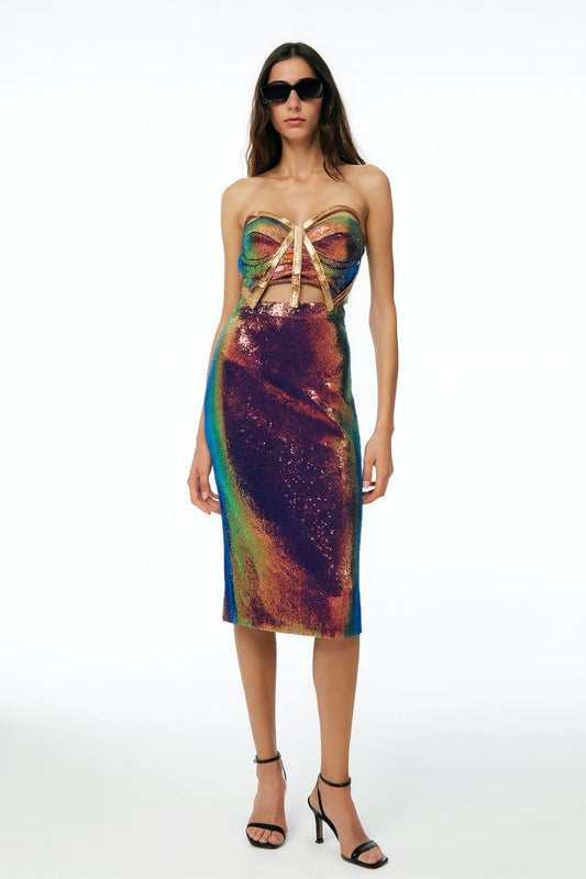 Rainbow Sequin Metallic Skirt Set
