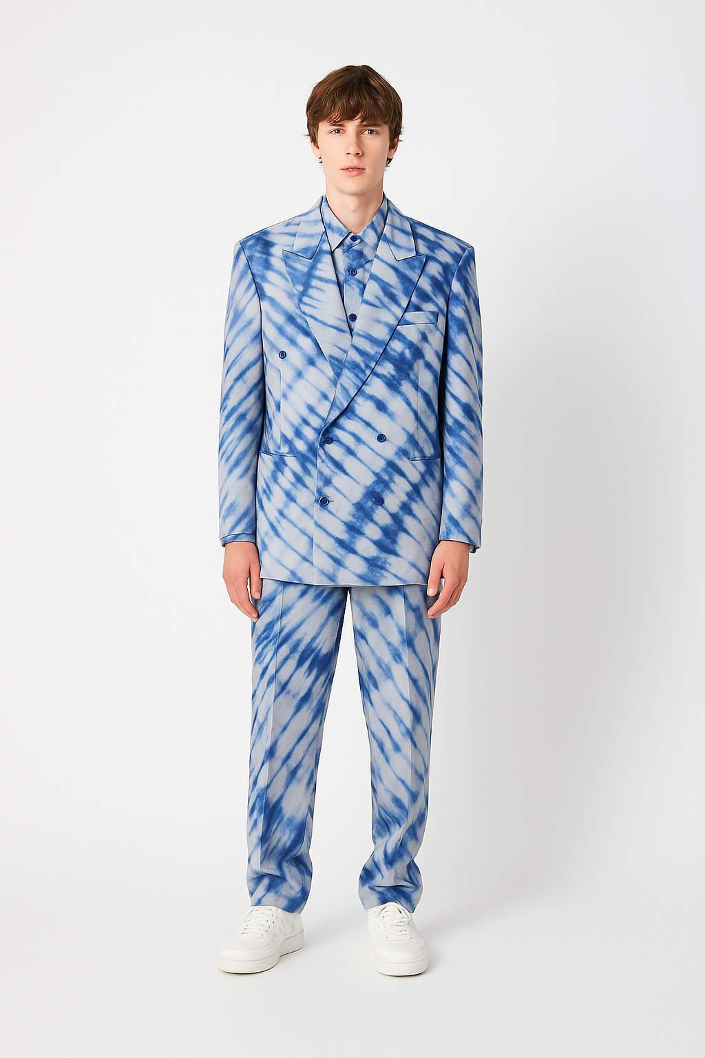Blue Tie-Dye Double-Breasted Suit – Statement Set
