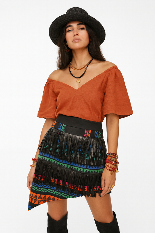 Tribal Fringe Embroidered Mini Skirt