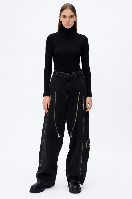 Black Multi-Zip Wide-Leg Cargo Pants