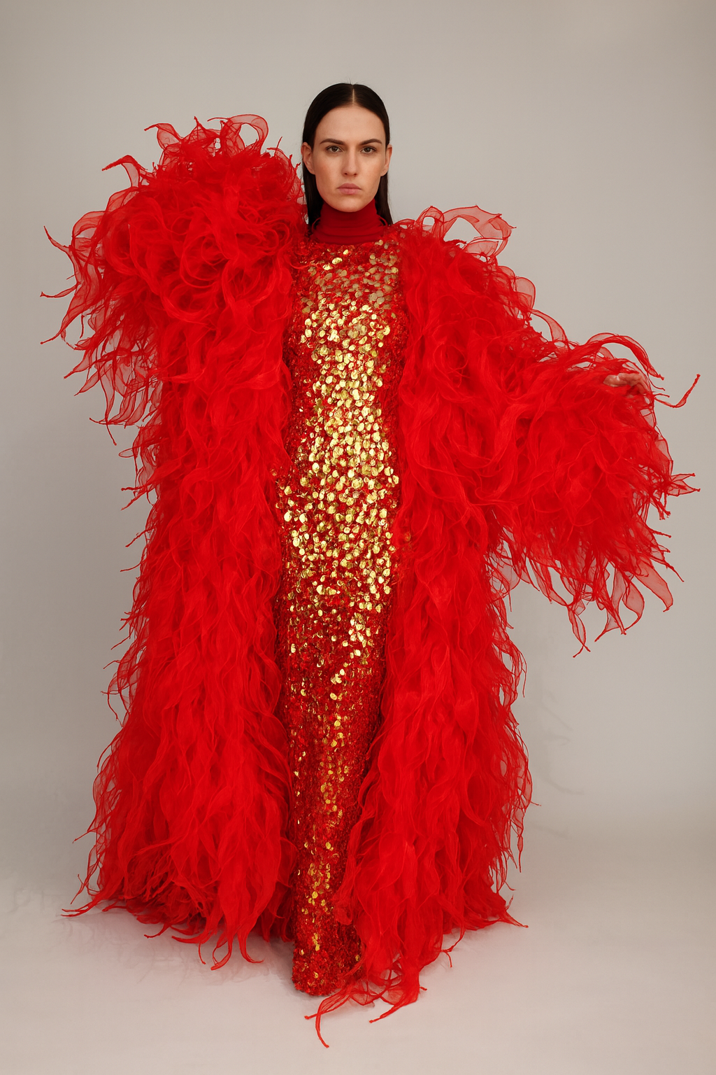 Red Textured Organza Cape