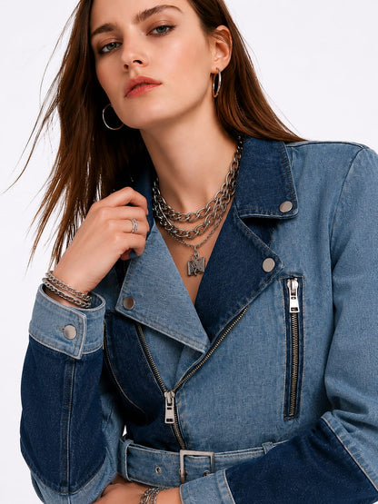 Belted Biker Denim Jacket