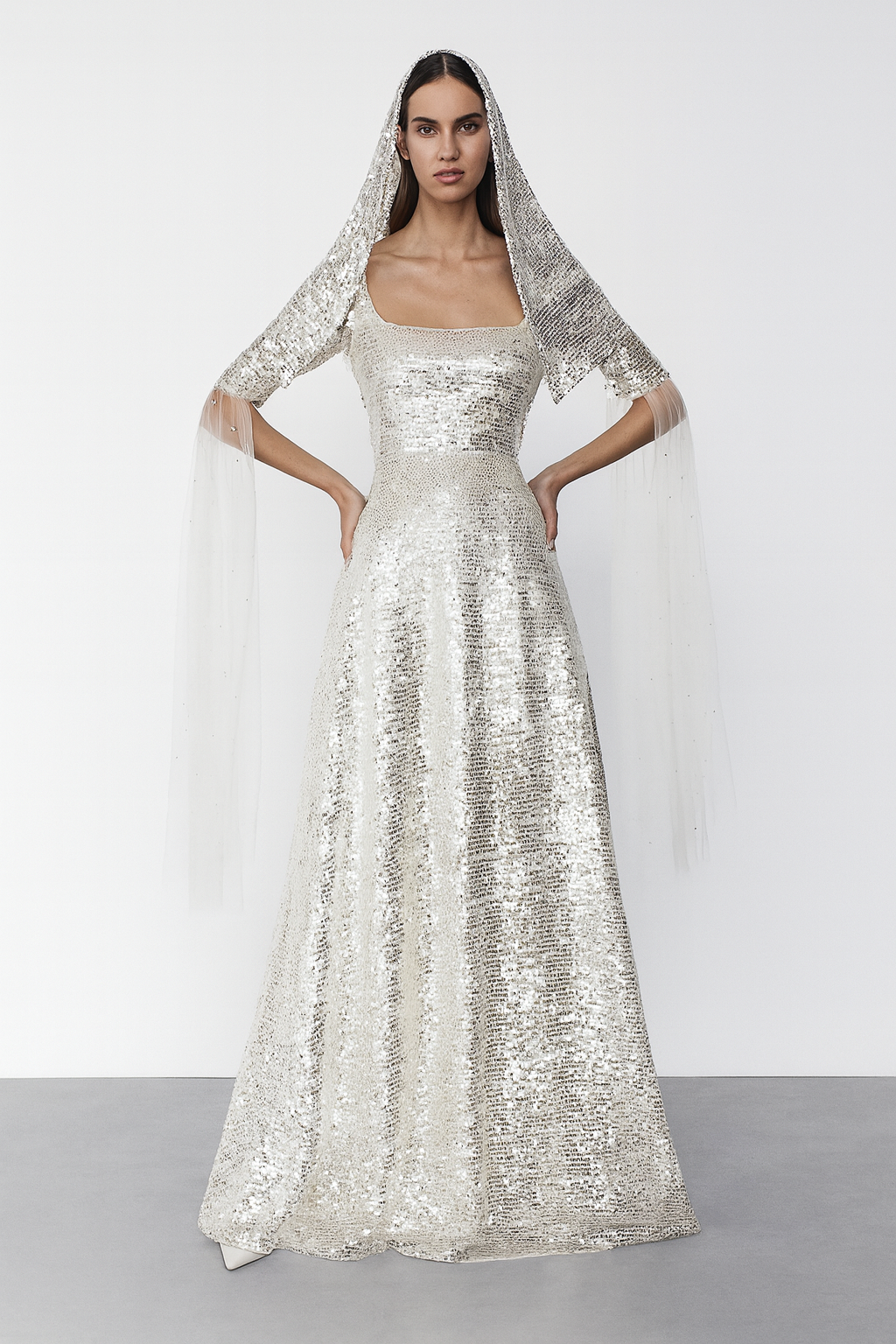 Celestial Silver Sequin Gown with Veil