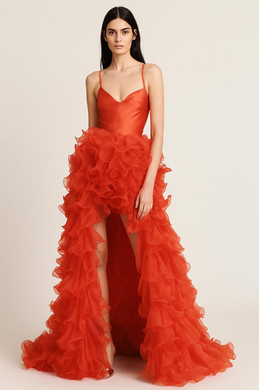 Red Ruffled High-Low Statement Skirt