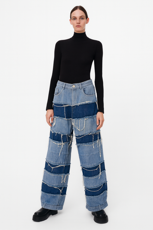 Patchwork Distressed Wide-Leg Jeans