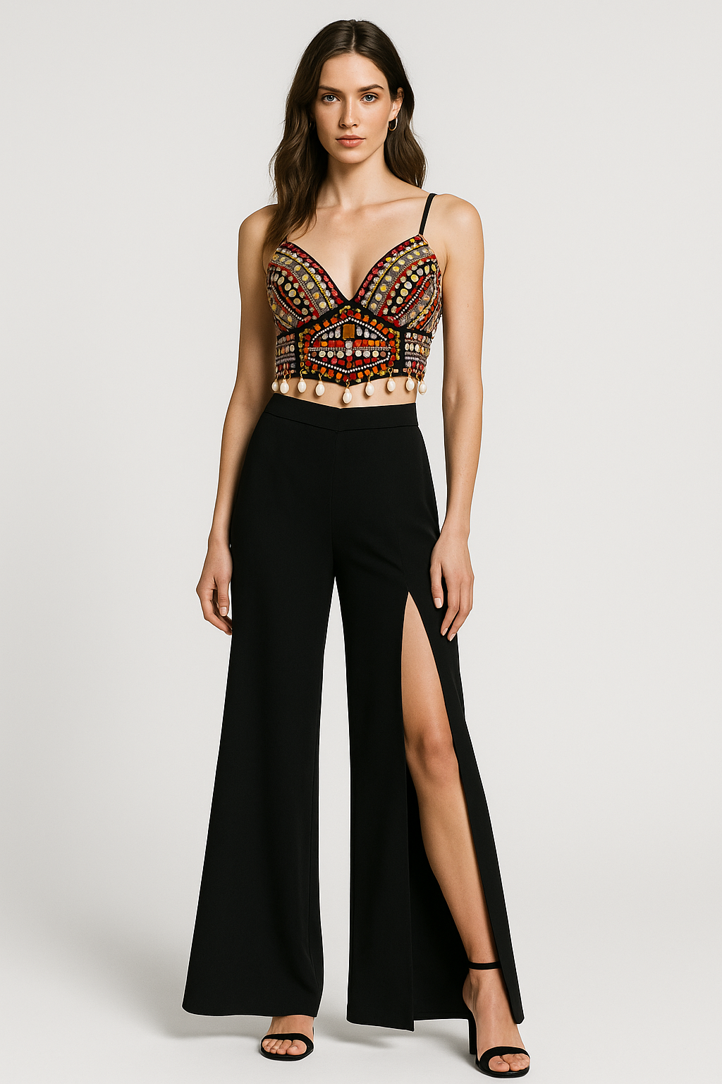 Embellished Mirror Work Bralette with Black Slit Pants Set