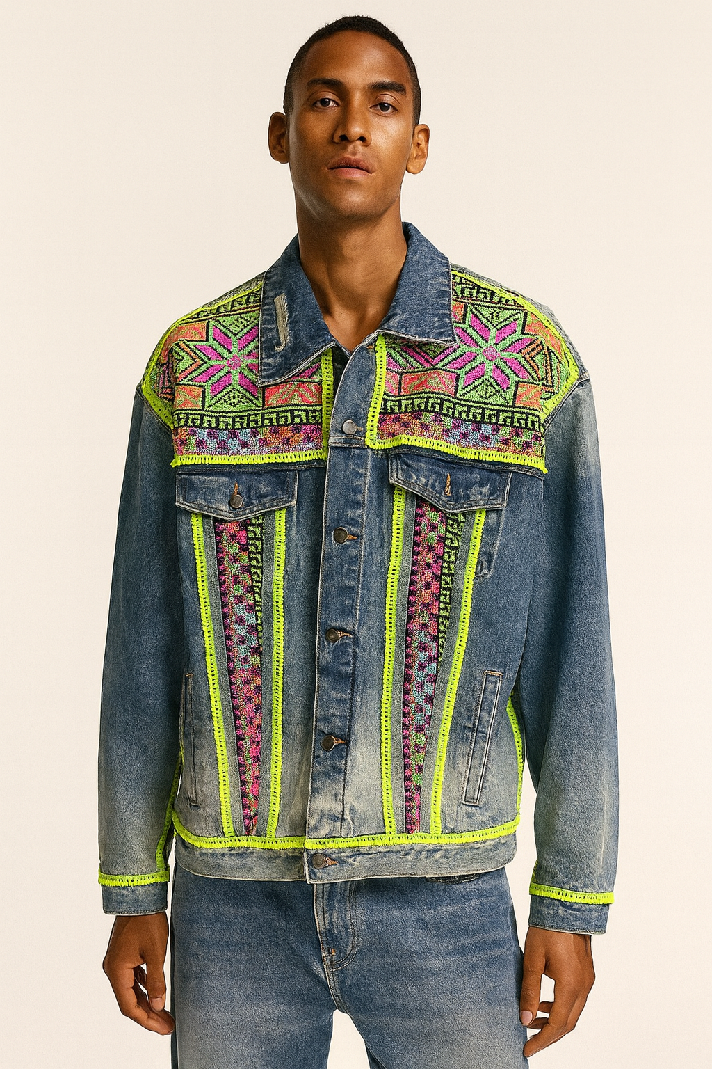 Neon Embroidered Tribal Denim Jacket