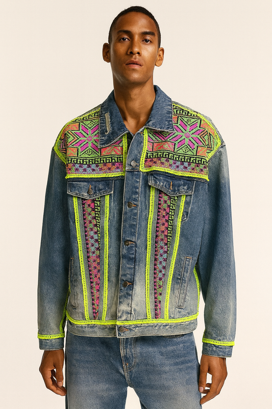Neon Embroidered Tribal Denim Jacket