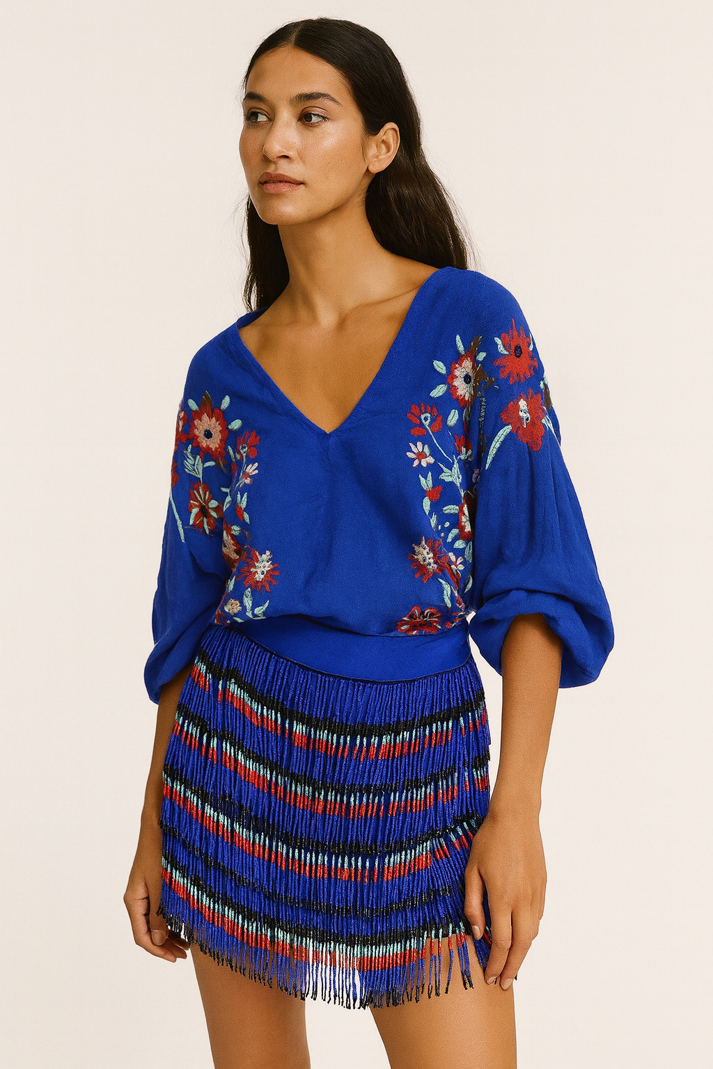 Blue Beaded Fringe Mini Skirt