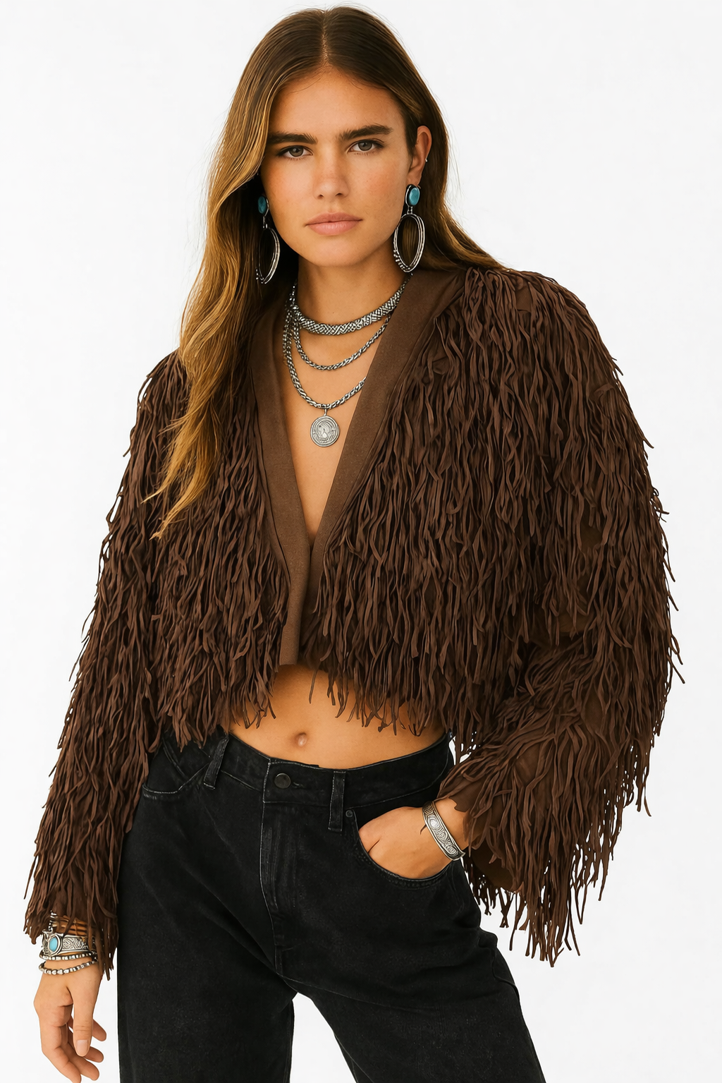 Mocha Fringe Crop Jacket