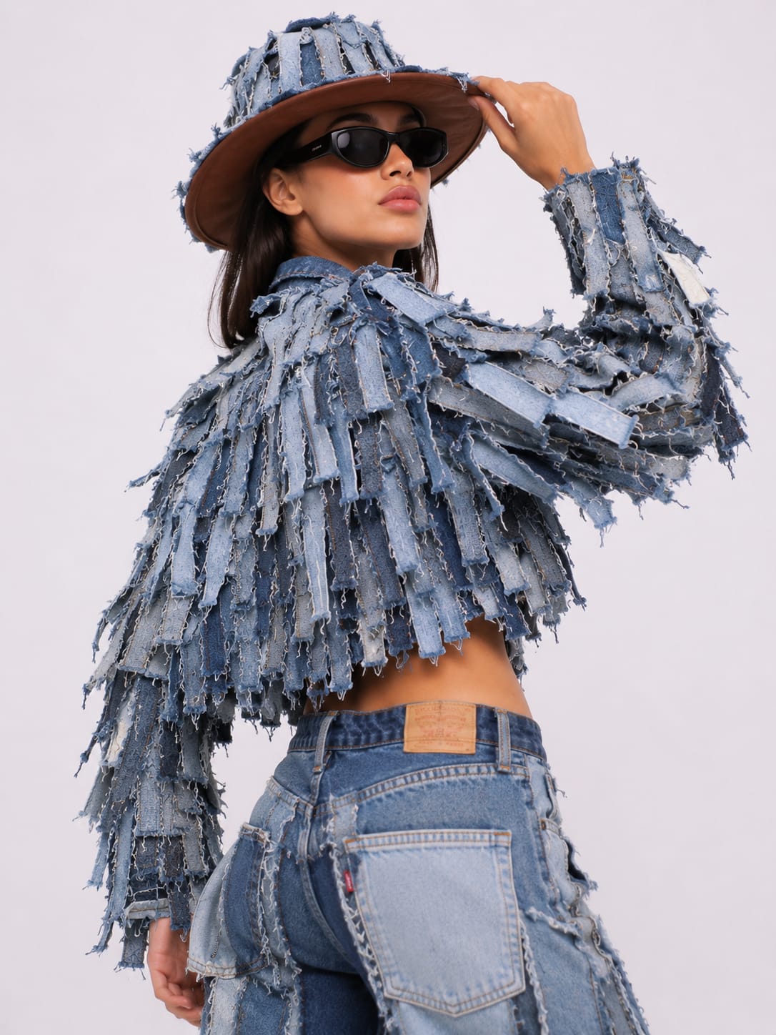 Layered frayed denim jacket