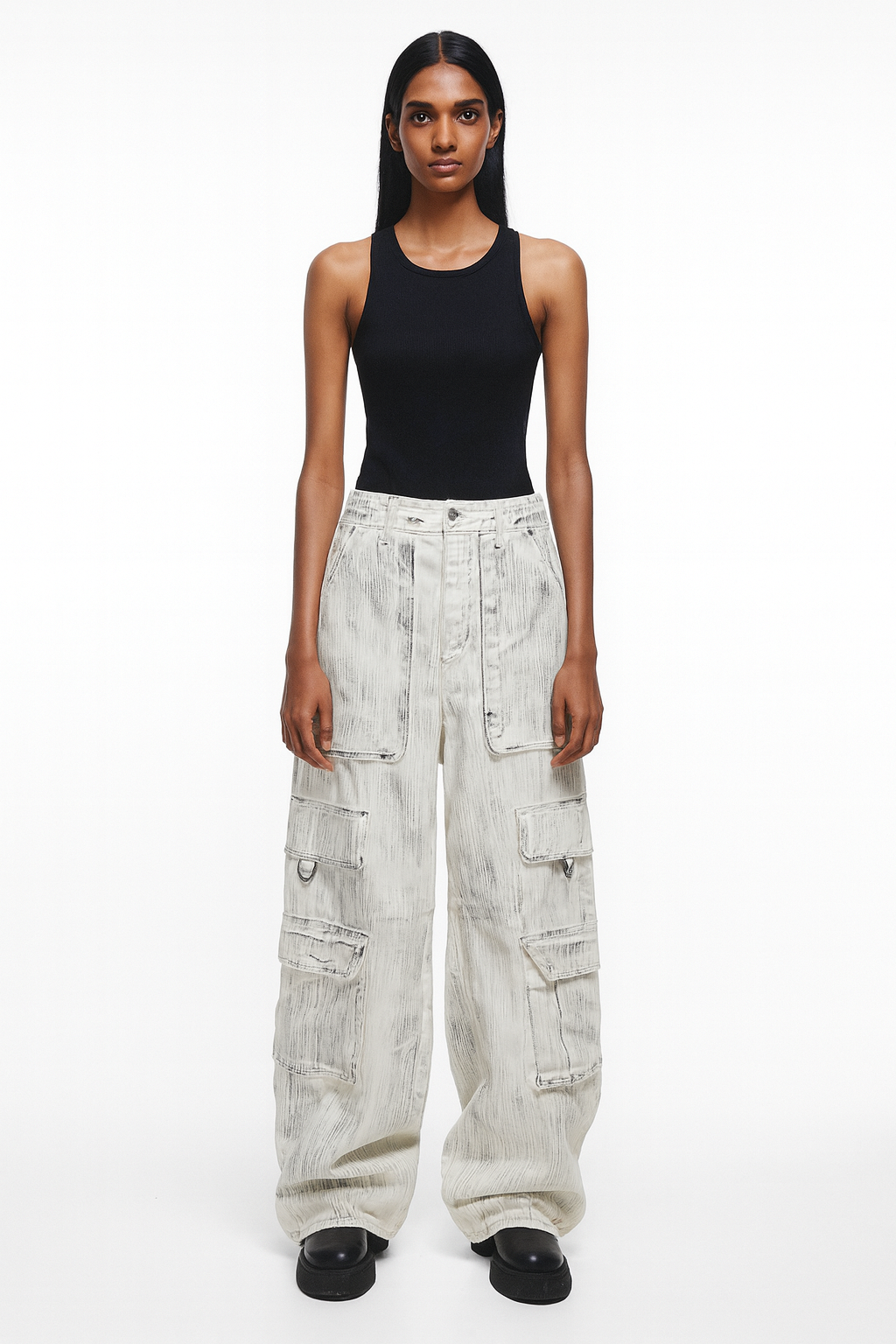 Washed White Utility Cargo Pants
