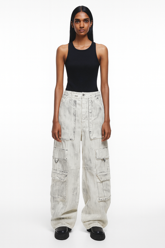 Washed White Utility Cargo Pants
